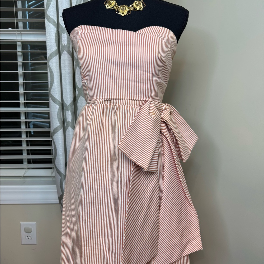 Judith March Striped Strapless Dress with Bow Accent
